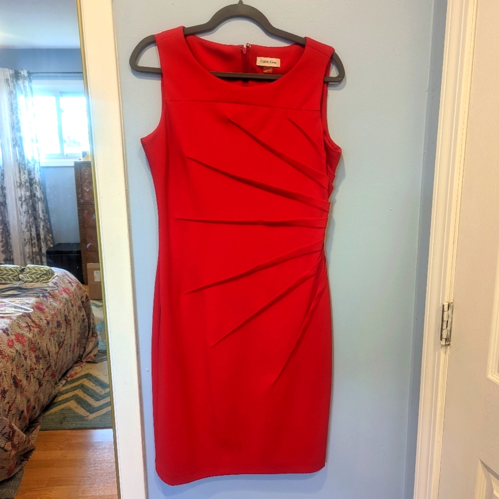 FINAL PRICE CALVIN KLEIN Ruched Sleeveless Tomato Red Shift Bodycon Work Dress